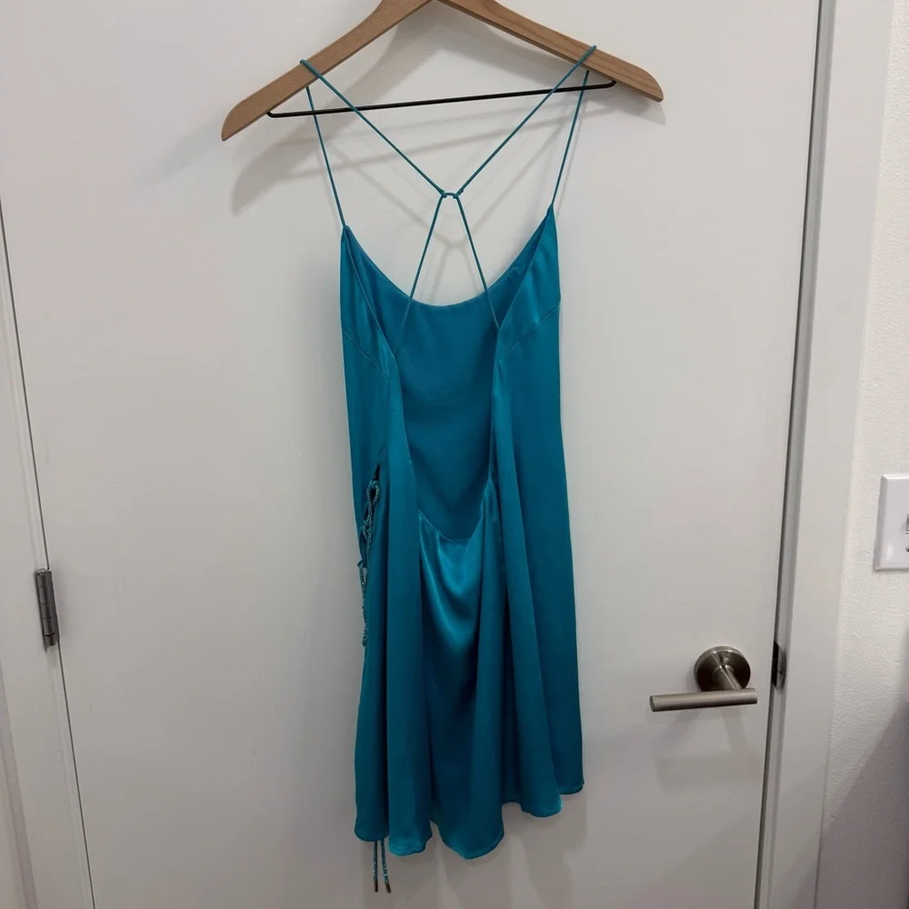 Meshki NEW Briah Diamante satin Mini Dress in cyan blue turquoise size small - Picture 8 of 9